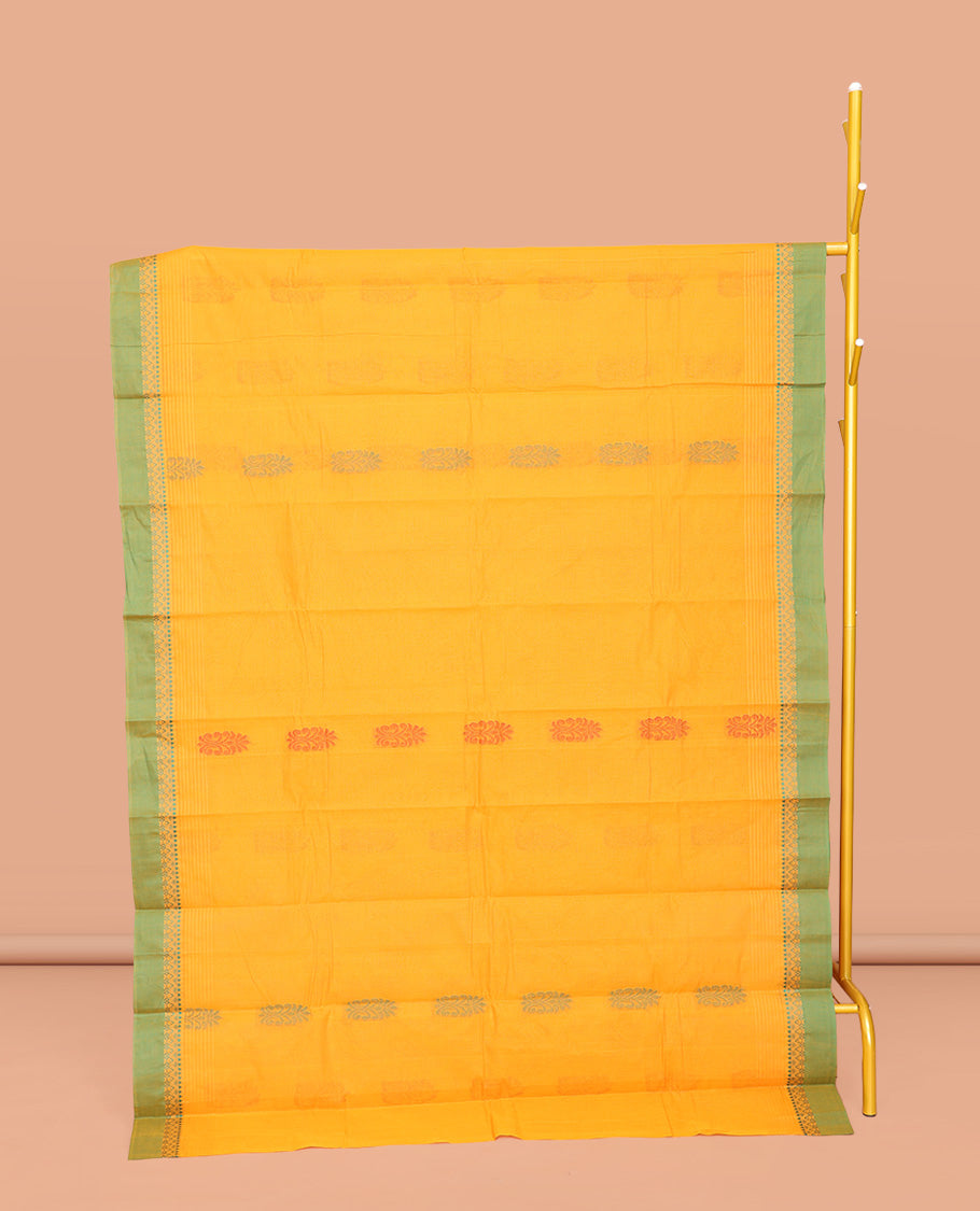 Yellow Chettinad Cotton Saree, Embellished with Buttas All Over Its Body, Complemented by a Contrast Border, Pallu of Paisleys and Checks, and Paired with a Matching Blouse