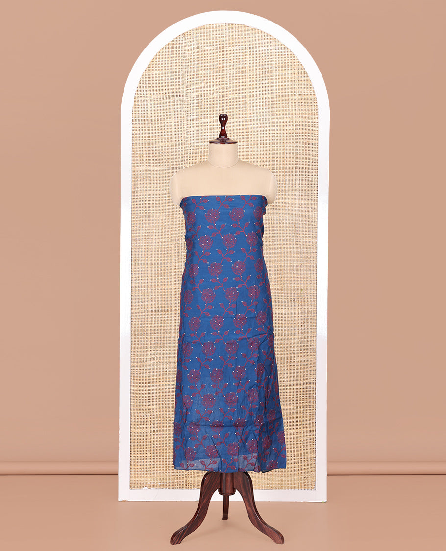 Peacock Blue Mul Chanderi Material Churidar Features Floral Vine Embroidery Top, a Plain Bottom, and a Embroidered Dupatta
