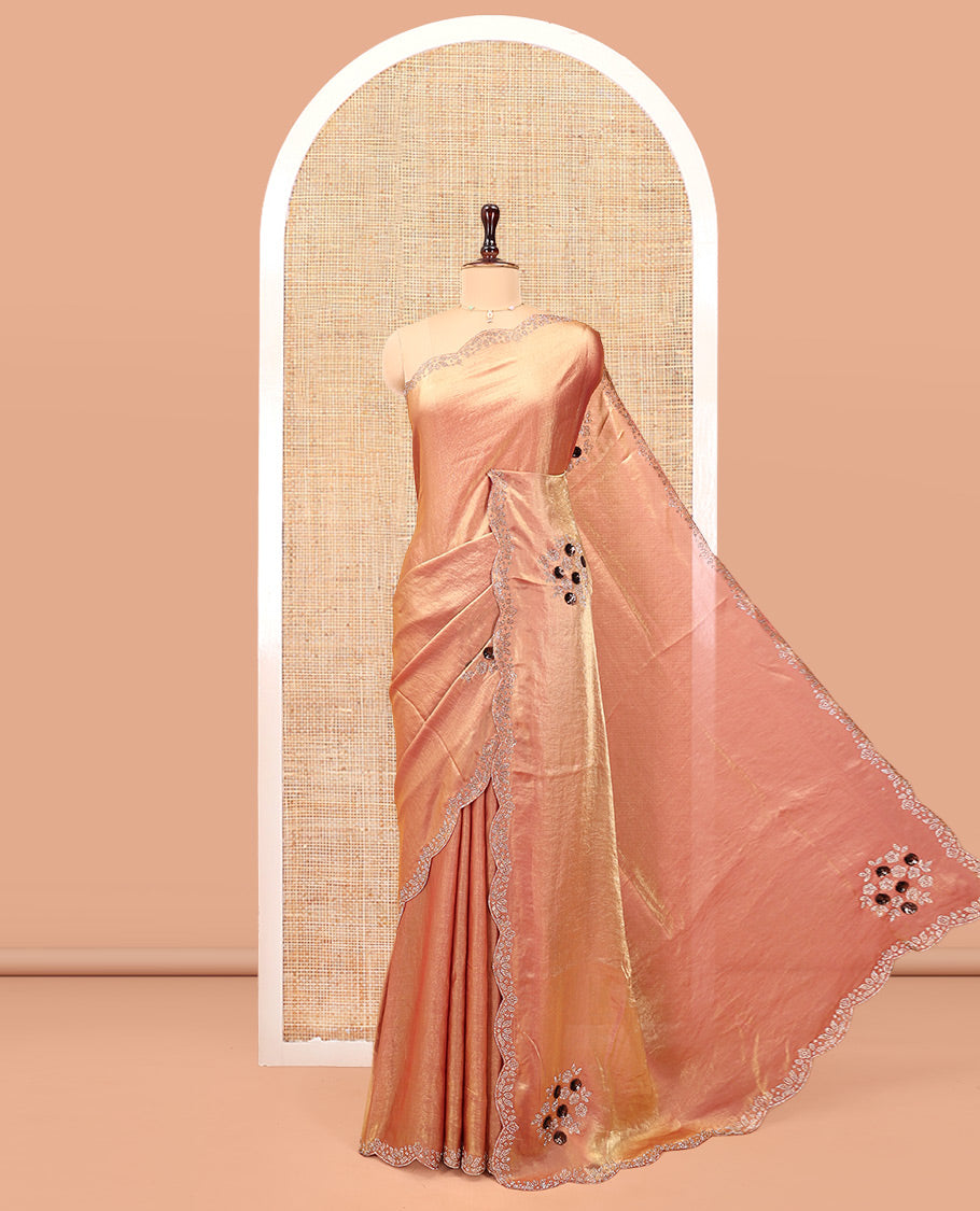Pink Designer Saree, Spotlighted with Stone Work Embroidery On Its Body, Scallop Embroidered Border, and Paired with a Matching Blouse