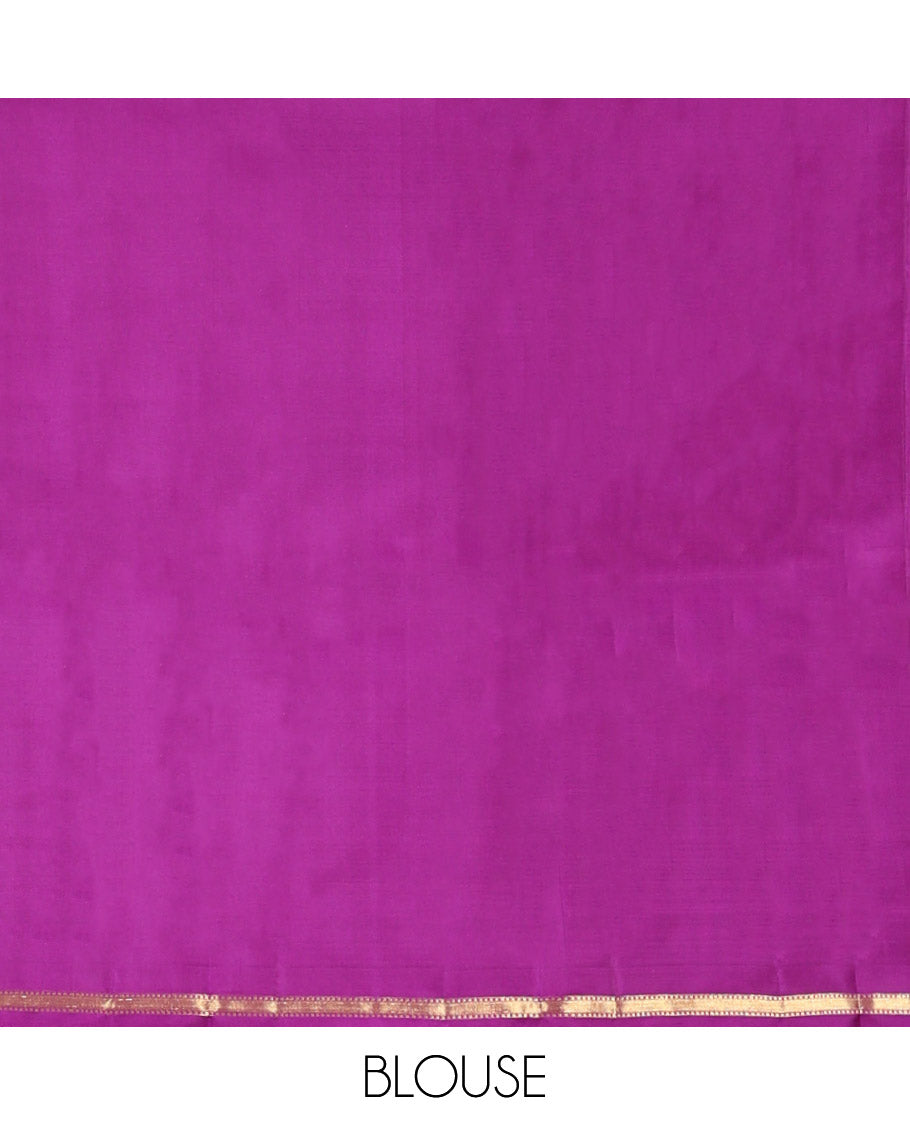 Blue Plain Kanchipuram Silk Saree, Subtle Zari Border of Muthu, Vanki, and Kili Designs, Captivating Contrast Pallu of Thilakam Mokku, Thazampoo Rekku, Iruthalai Pakshi, Kuthirai, and Jaal Designs, and Paired with a Contrast Blouse