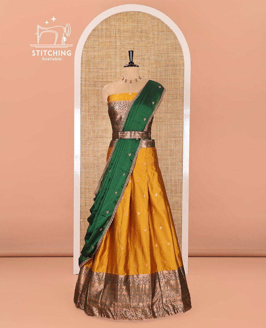 Yellow and Green Semi-Banarasi Half-Saree Adorned with Zari Buttas on Its Skirt, Complemented by a Contrast Mughal-Style Intricate Zari Design Border, Paired with a Matching Blouse, and a Satin Georgette Embroidered Scallop Dhavani