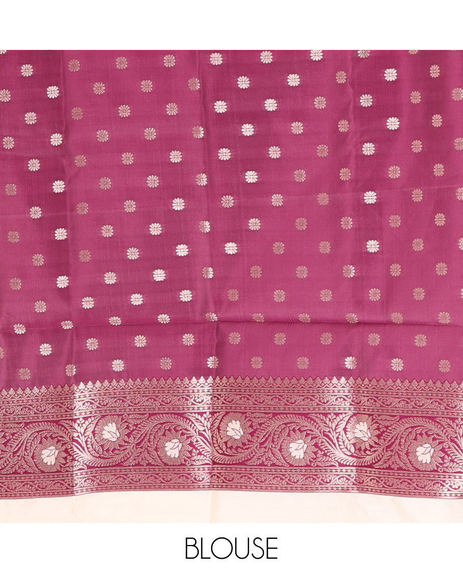 Cream-Purple Elite Soft Silk Saree, Ornamented with Zari Buttas, a Contrast Floral Creeper Border, Intricate Pallu, and a Contrast Blouse