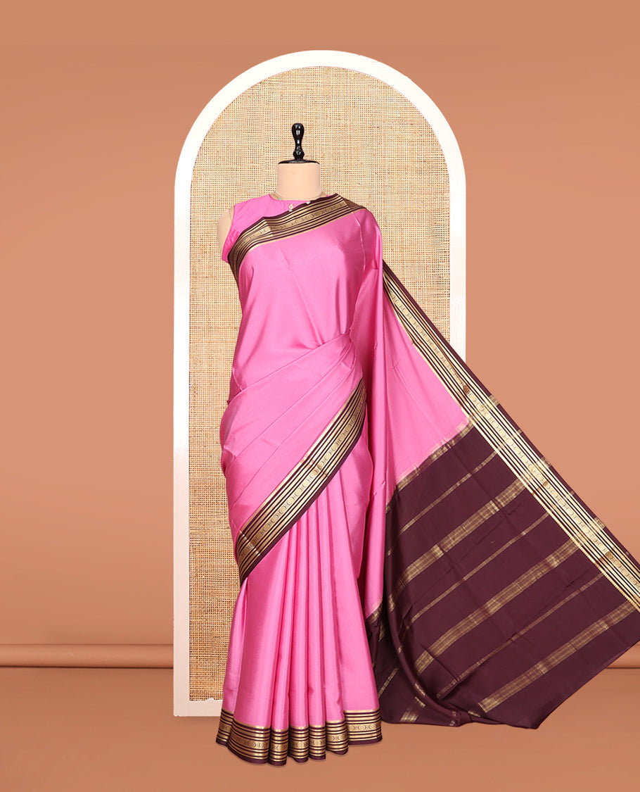 Pink Plain Mysore Silk Saree, Complemented by a Contrast Traditional Zari Border, Zari Design Pallu, and a Contrast Blouse