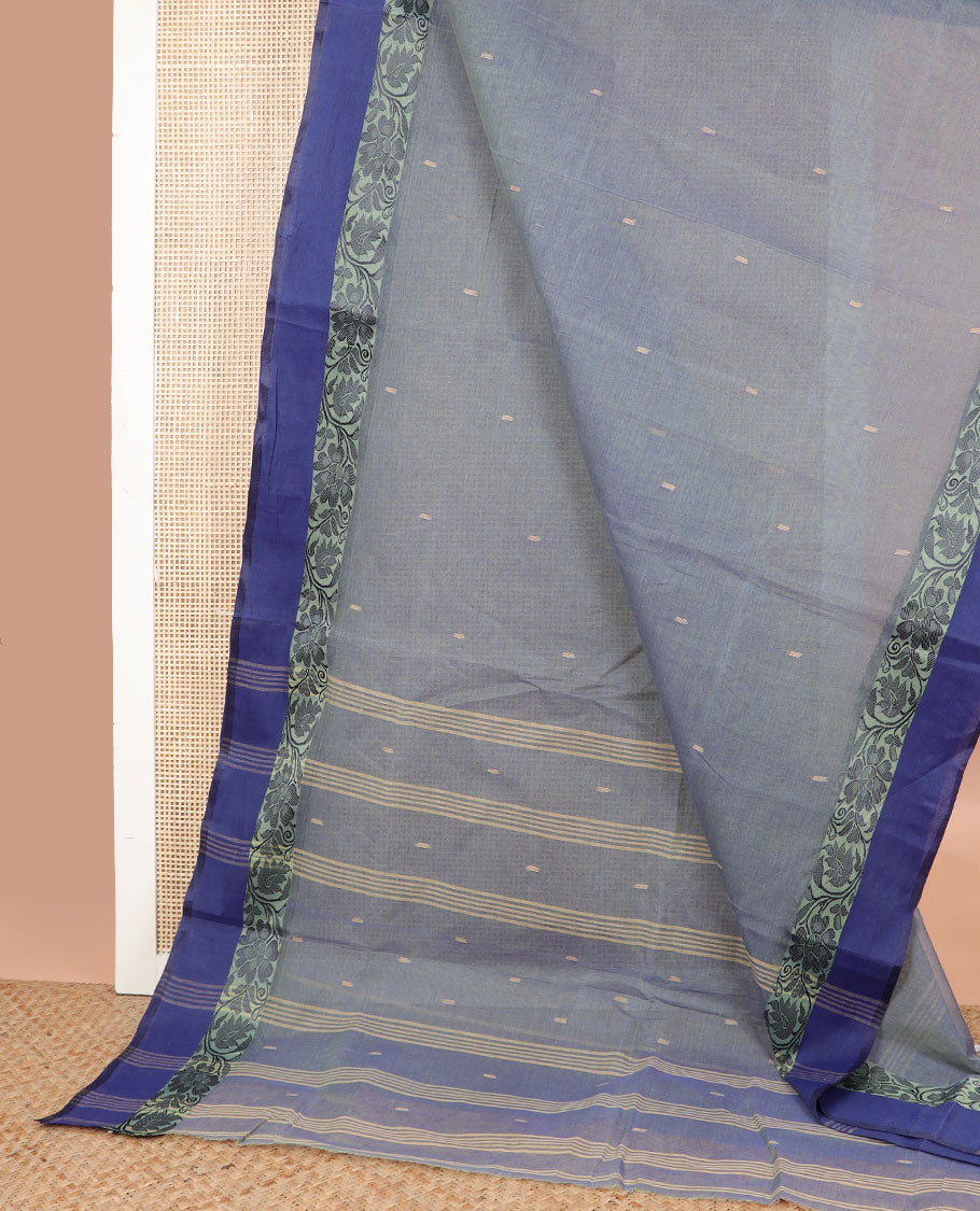 Grey floral motifs bengal cotton saree with contrast floral zari design border & striped, floral design pallu
