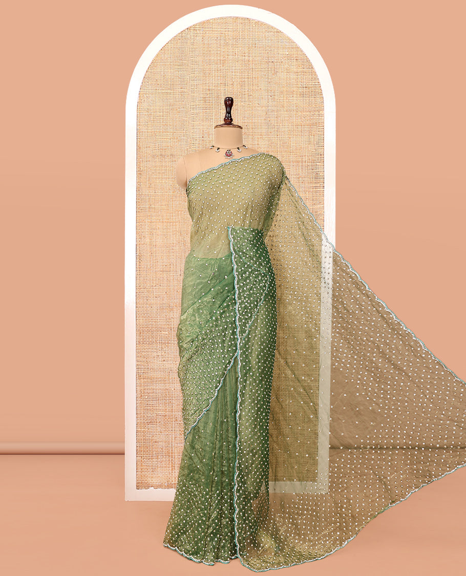 Leaf Green Organza Glass Tissue Designer Saree With Stonework, a Scallop Border, and a Matching Blouse