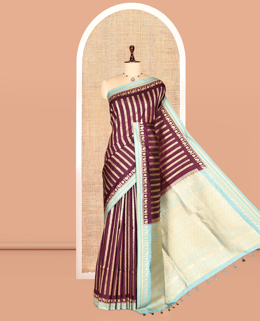 Wine Zari Stripes Fancy Raw Silk Saree, Contrast Traditional Border, Jaal Pallu, and Contrast Blouse