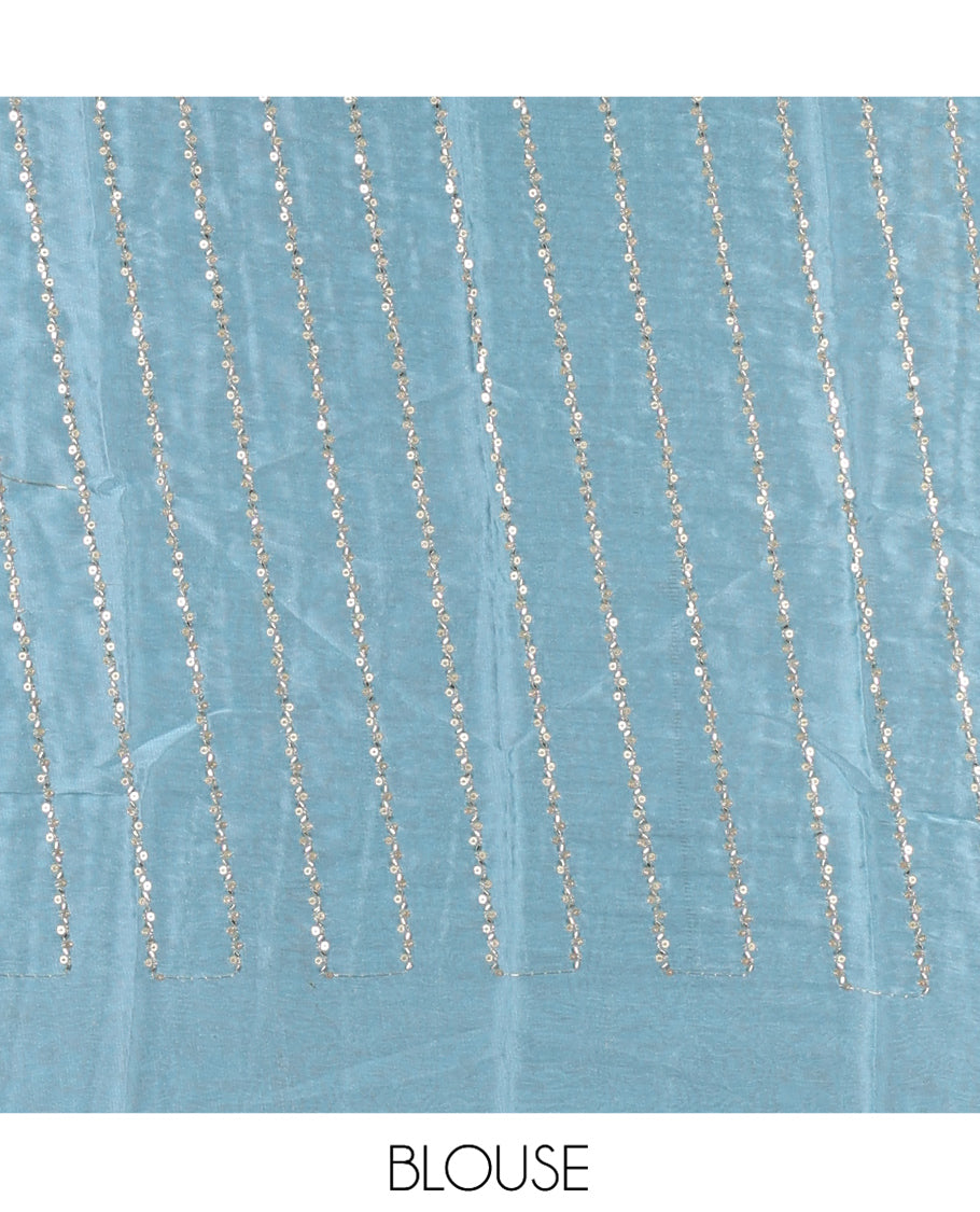 Borderless Dusky Blue Plain Crushed Rangoli Chiffon Saree, Comes with a Matching Designer Blouse