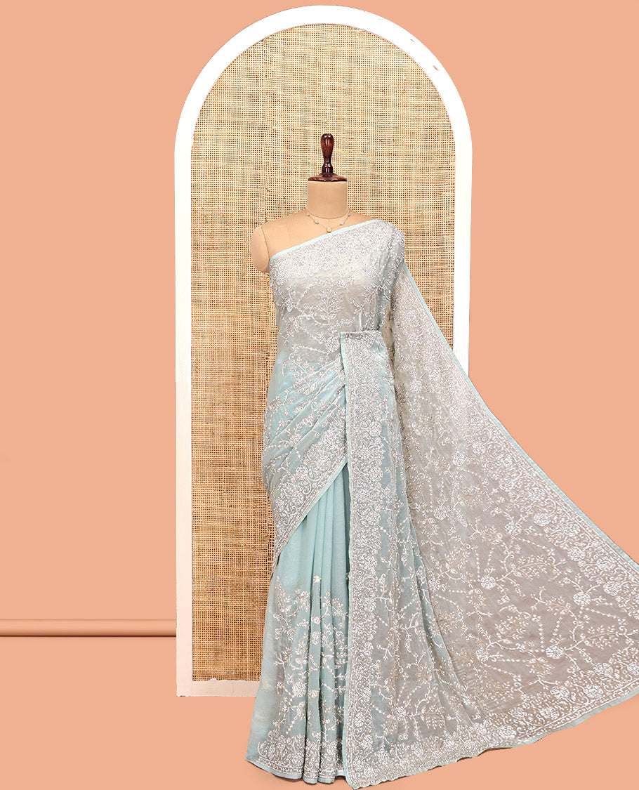 Pale Blue Designer Saree, Sparsely Detailed with Floral Vine Stone Embroidery, a Stone Embroidered Border, and a Matching Blouse