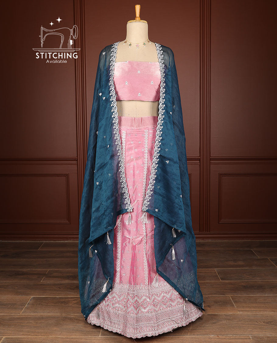 pink floral embroidery half saree with self embroidery border, buttas embroidery blouse & floral embroidery dhavani