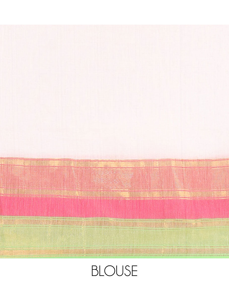 Cream Plain Khadi Mul Cotton Saree, Complemented by a Captivating Contrast Colorful Zari Border, Plain Pallu, and Paired with a Matching Blouse