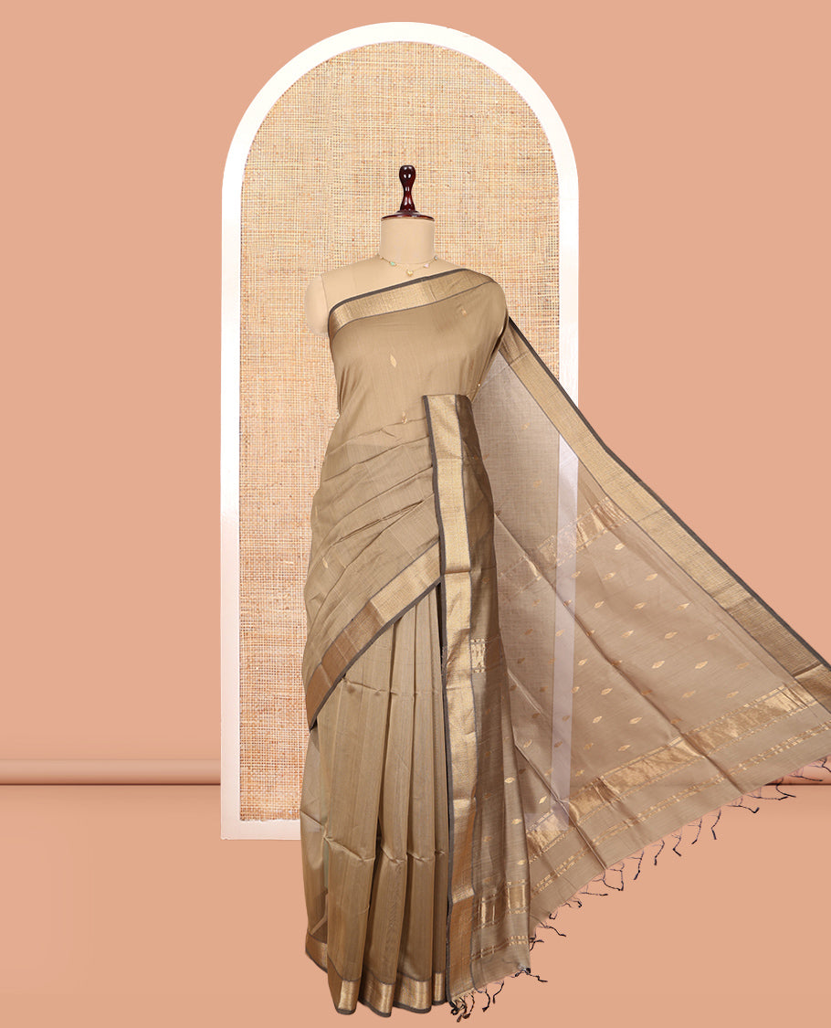 Brown Maheshwari Cotton Saree, Subtly Sparkled with Zari Buttas, a Contrast Chevron Striped Border, Zari Buttas Woven Pallu, and a Contrast Blouse