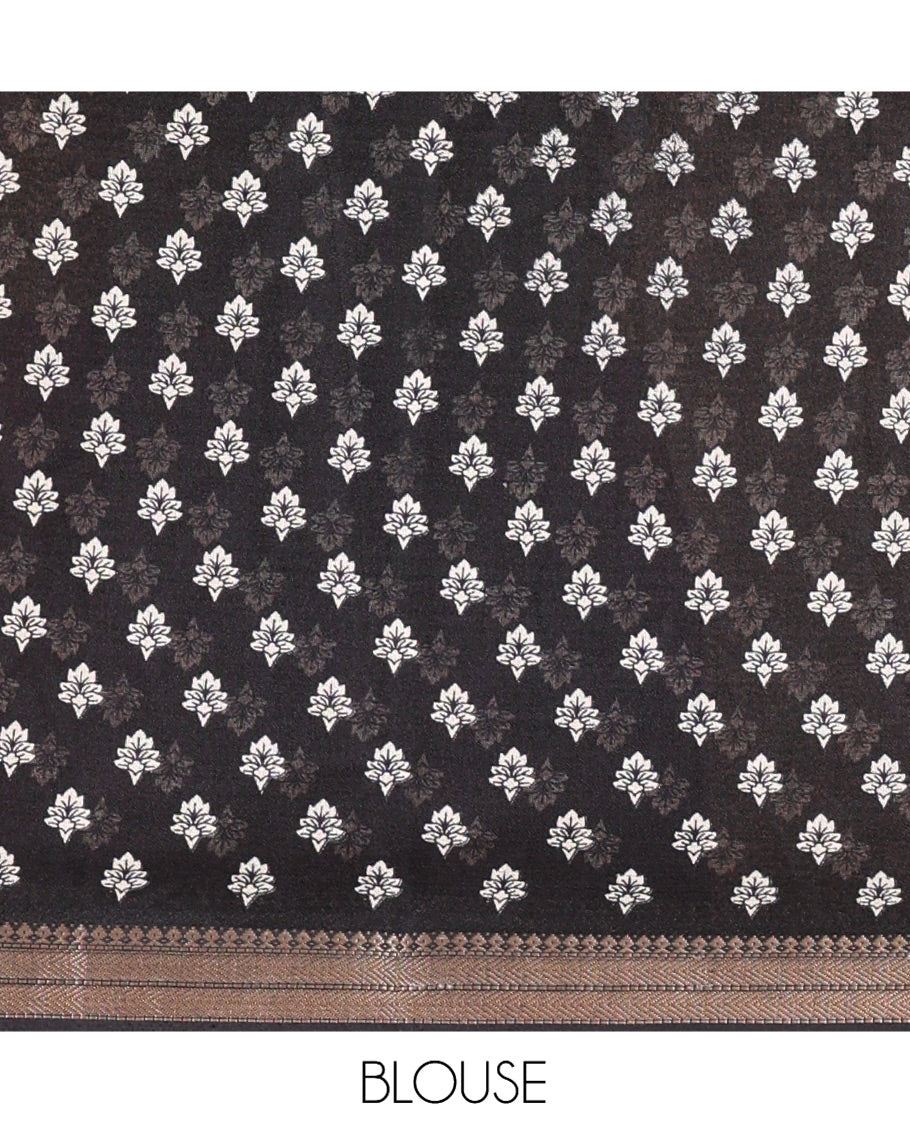 Cream-Black Kalamkari Printed Moss Chiffon Saree, a Contrast Border, a Contrast Blouse