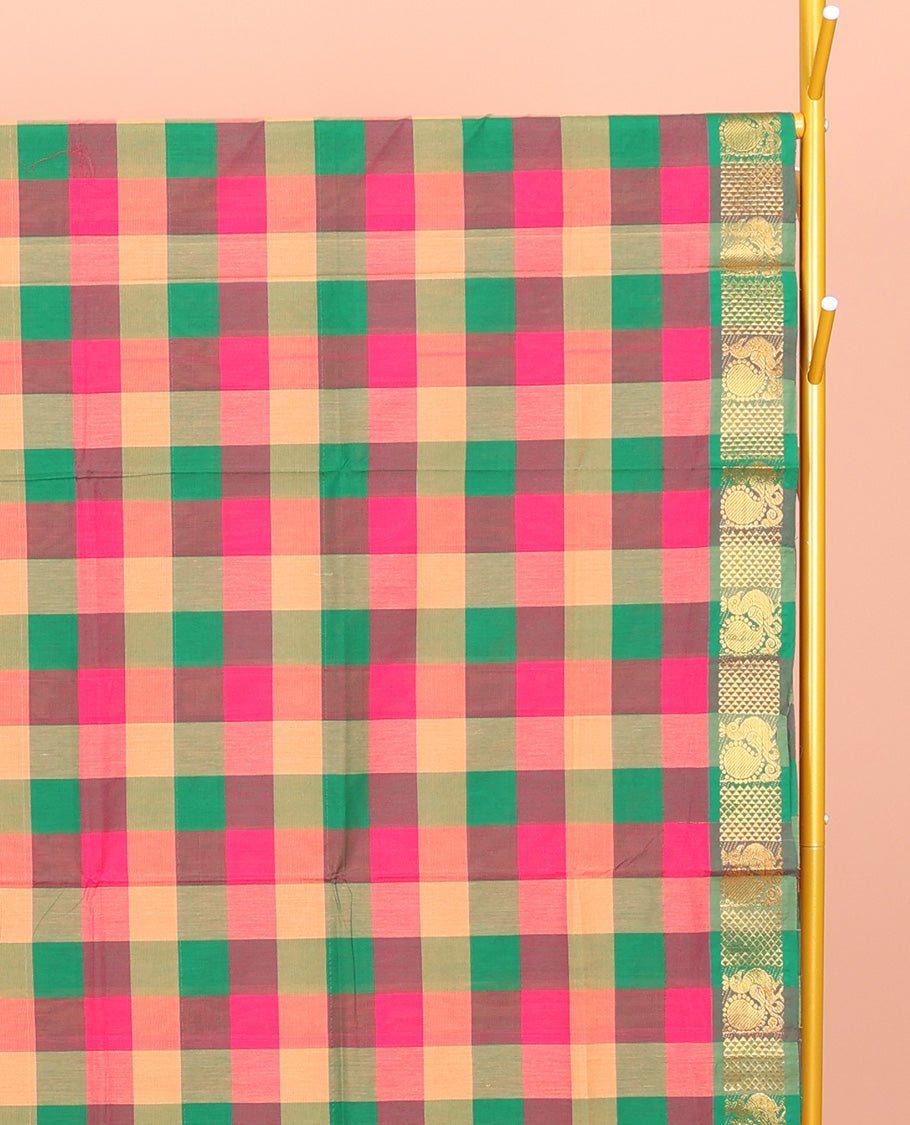 Multi-Color Chettinad Cotton Saree, Decked Up with Checks, Highlighted by Traditional Peacock Border, Striped Pallu, and No Blouse