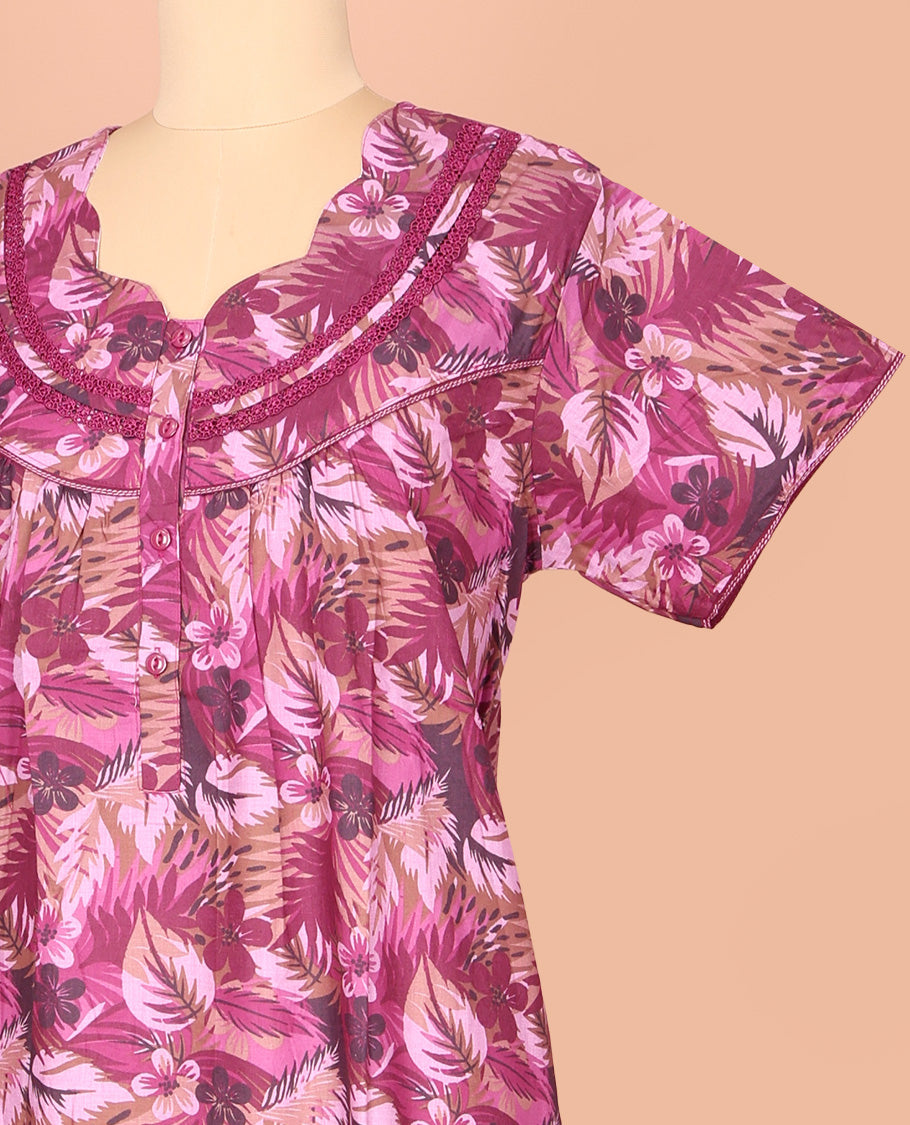 Purple Cotton Nighty Bedecked with Tropical Floral Print, Featuring Lace Work, Scallop Front Neck, and Half Sleeves