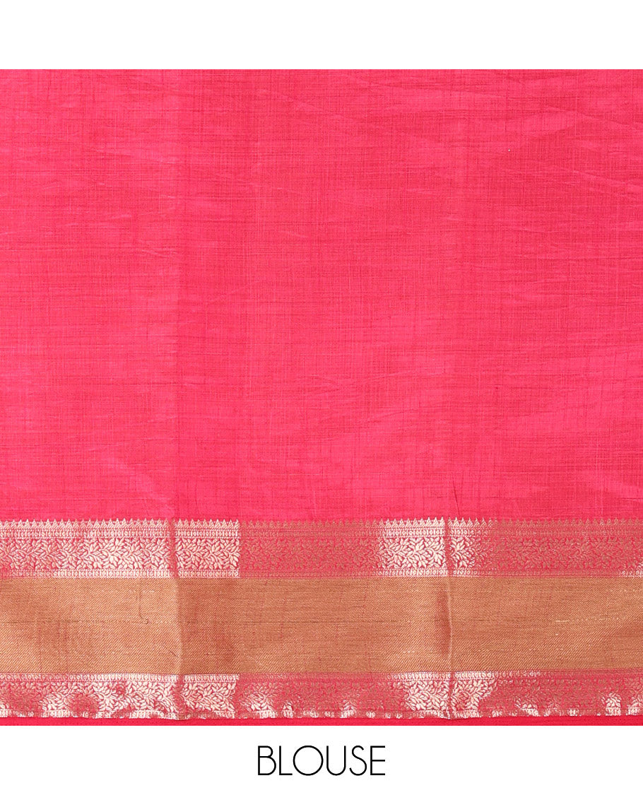 Cream and Rani Plain Art Tussar Saree, Complemented by a Contrast Rettai Pettu Traditional Zari Border, Zari Striped Pallu, and Paired with a Contrast Blouse