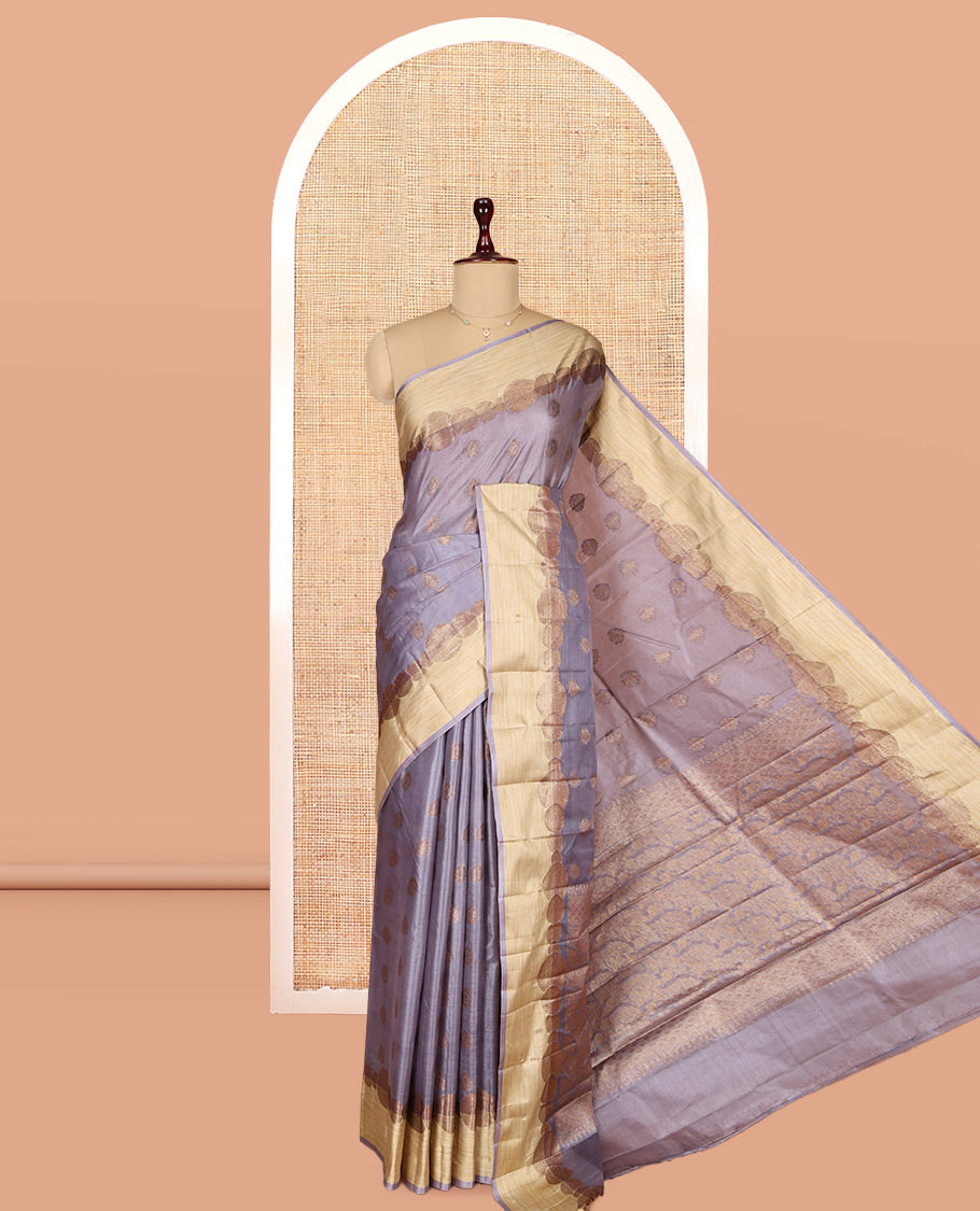 Grey Tusser Silk Saree, Accentuated with Zari Buttas, a Contrast Zari Border, Grandly Decked Up Pallu, and a Matching Blouse