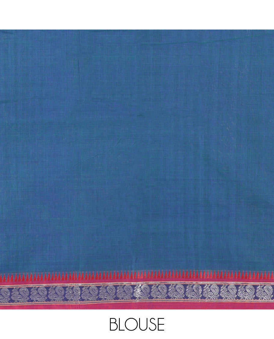 Blue Plain Mercerized Cotton Saree, a Contrast Peacock Temple Thread Border, Striped Pallu, and a Matching Blouse