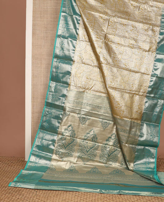 Yellow Wedding theme zari jacquard budget silk saree, contrast traditional zari border, and diagonal striped pallu