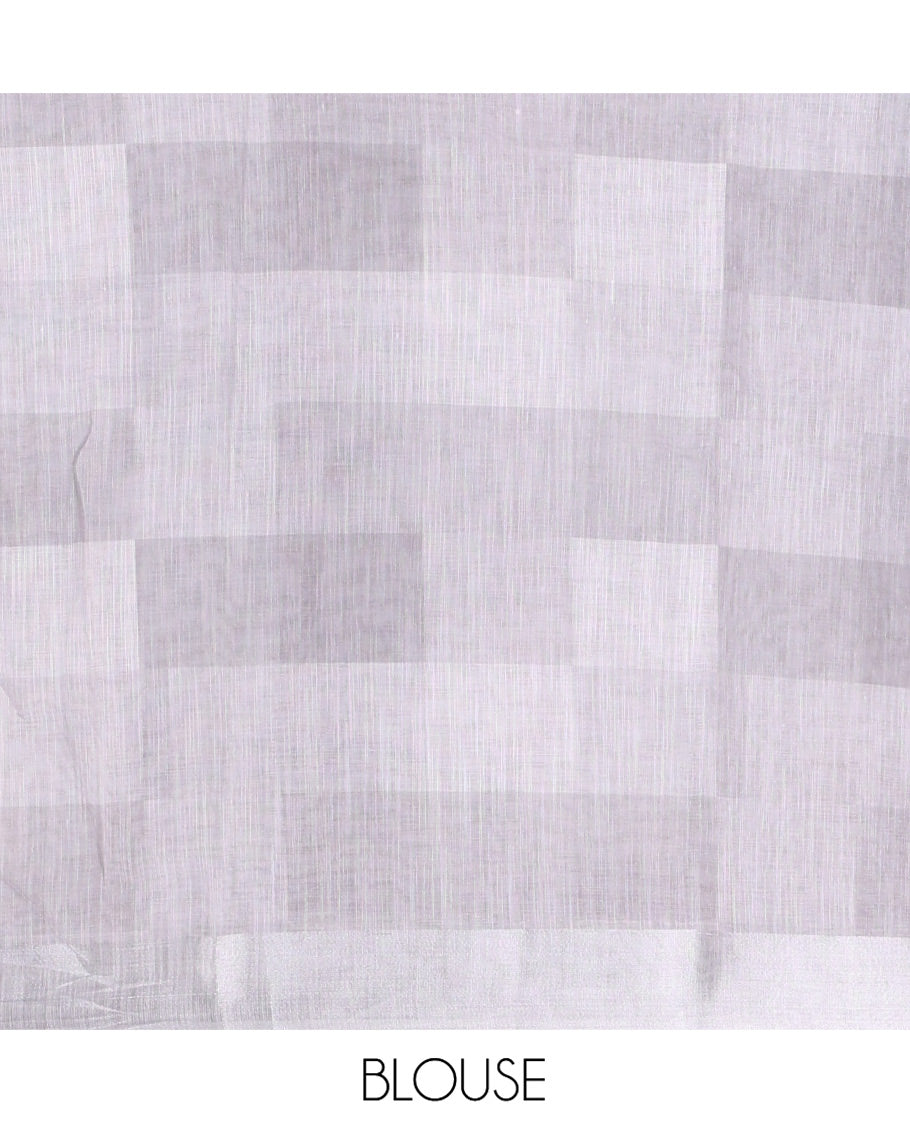 Green Linen Cotton Saree, Highlighted by Geometric-Style Checked Design on Its Body, a Subtle Bavanji Border, Geometric Printed Pallu, and Paired with a Matching Blouse
