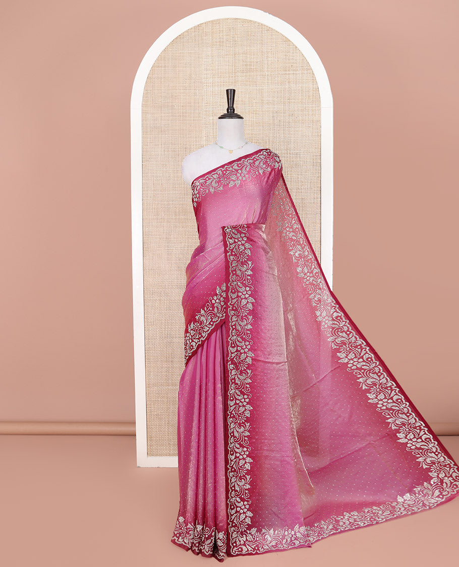 Purple Designer Saree, Accentuated with Stone Struck on Its Body, Complemented by a Contrast Floral Design Stone Work Border, Pallu of Stone Work, and Paired with a Contrast Blouse