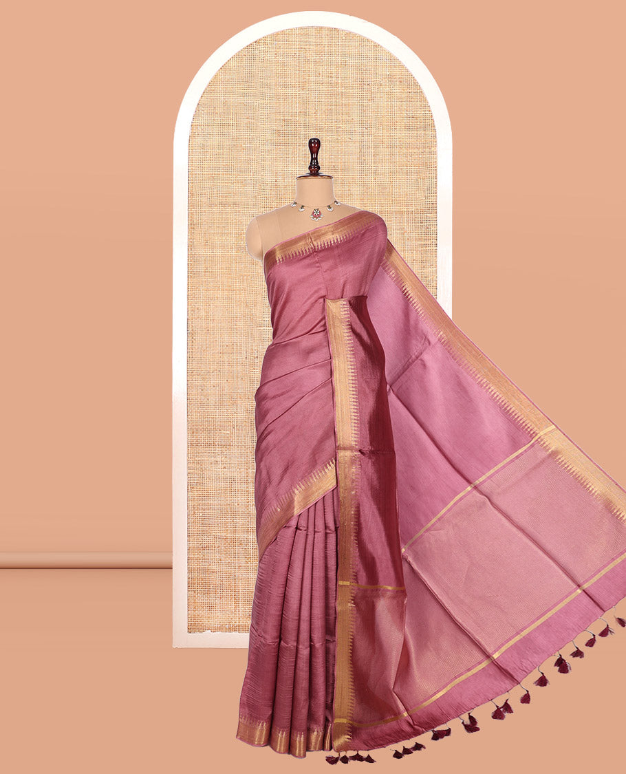 Rosewood Pink Plain Banana Pith Saree, a Zari Temple Border, Striped Pallu, and Matching Blouse