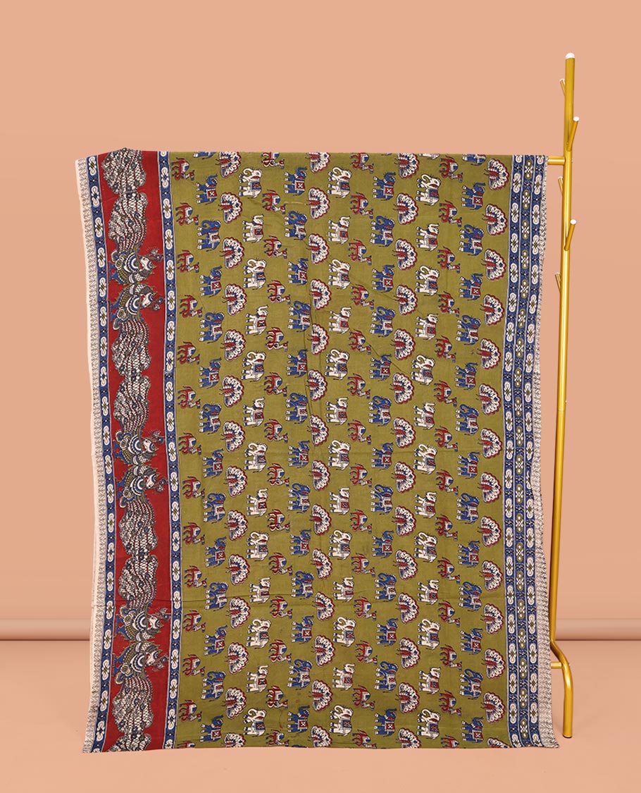 Green Machine-Printed Kalamkari Cotton Saree, Accentuated with Peacock, Elephant, and Camel Motifs on Its Body, Complemented by a Contrast Border of Peacock Print, Pallu of Leaf Print, and Paired with a Printed Blouse