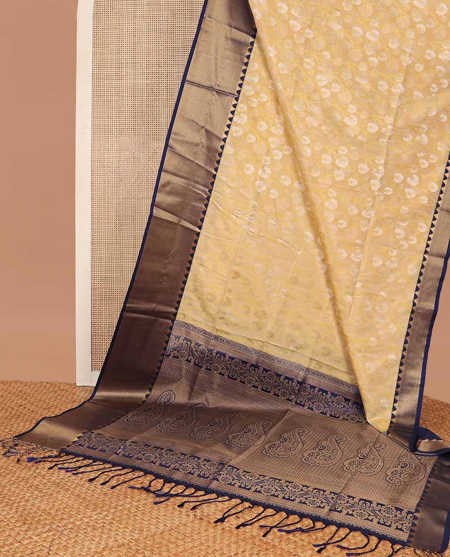 Sandal floral motifs soft silk saree with contrast checked, temple border & floral design pallu