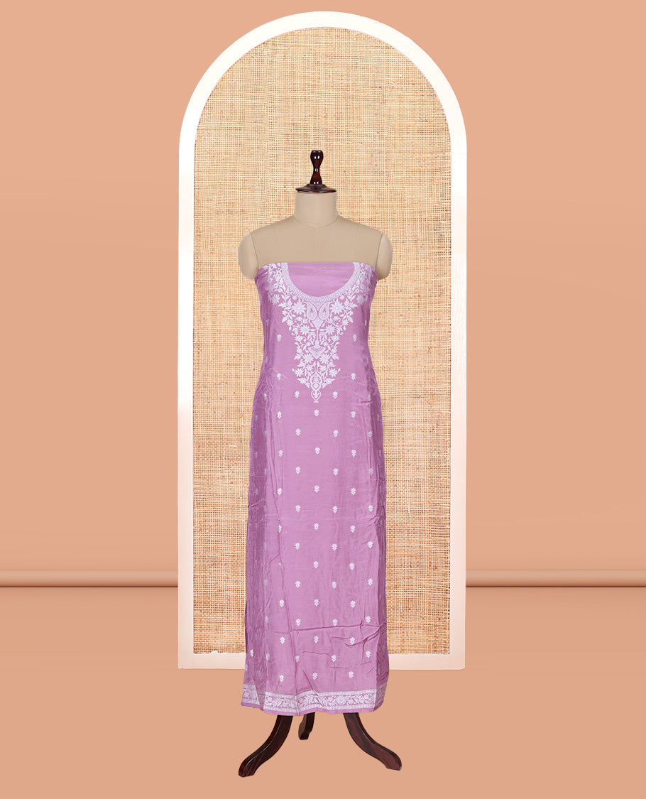 Lavender Viscose Muslin Material Churidar Features Buttas Thread Woven Top, a Santoon Bottom, and Floral Jaal Dupatta