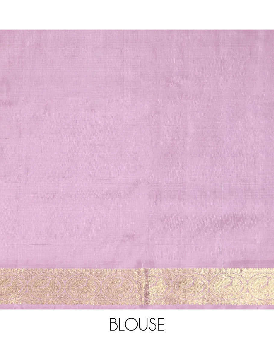 Off-White Venkatagiri Silk Saree, Spotlighted with Zari Buttas All Over Its Body, Complemented by a Contrast Traditional Zari Design Border, Grand Pallu, and Paired with a Contrast Blouse