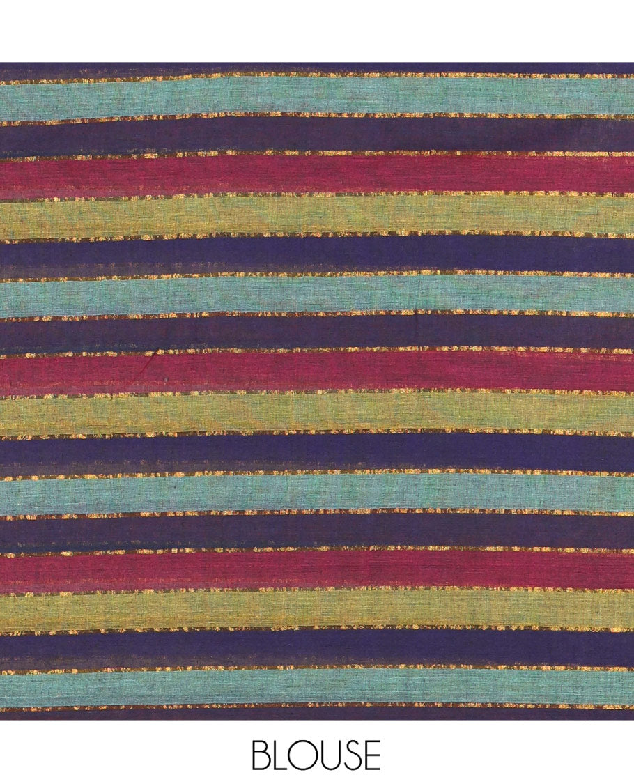 Borderless Multi-Color Khadi Mul Cotton Saree Adorned with Stripes All Over Its Body, Pallu Mirrors the Same Stripes, and Paired with a Matching Blouse
