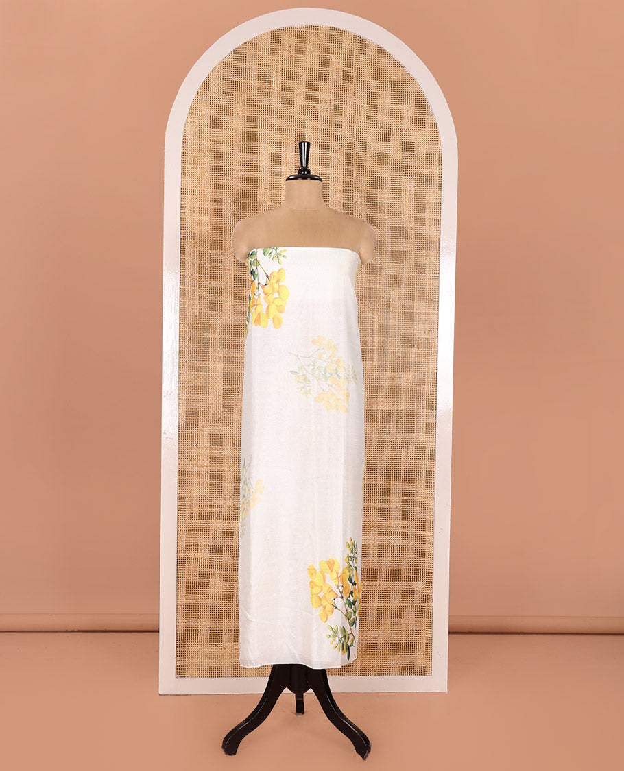 Cream Vishu Kani-Themed Material Chudidhar Set Featuring Kanikkonna Flower Printed on Semi-Silk Top, Plain Santoon Bottom, and Semi-Silk Ikkat Kanikkonna Flower Printed Dupatta