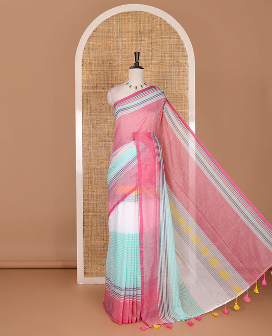 Multi-color striped khadi mul cotton saree, striped border, striped pallu with tassels and matching blouse