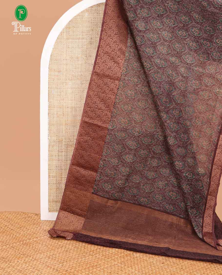 Wine color screen print linen saree with leaf, floral style border & chit pallu along with brocade blouse