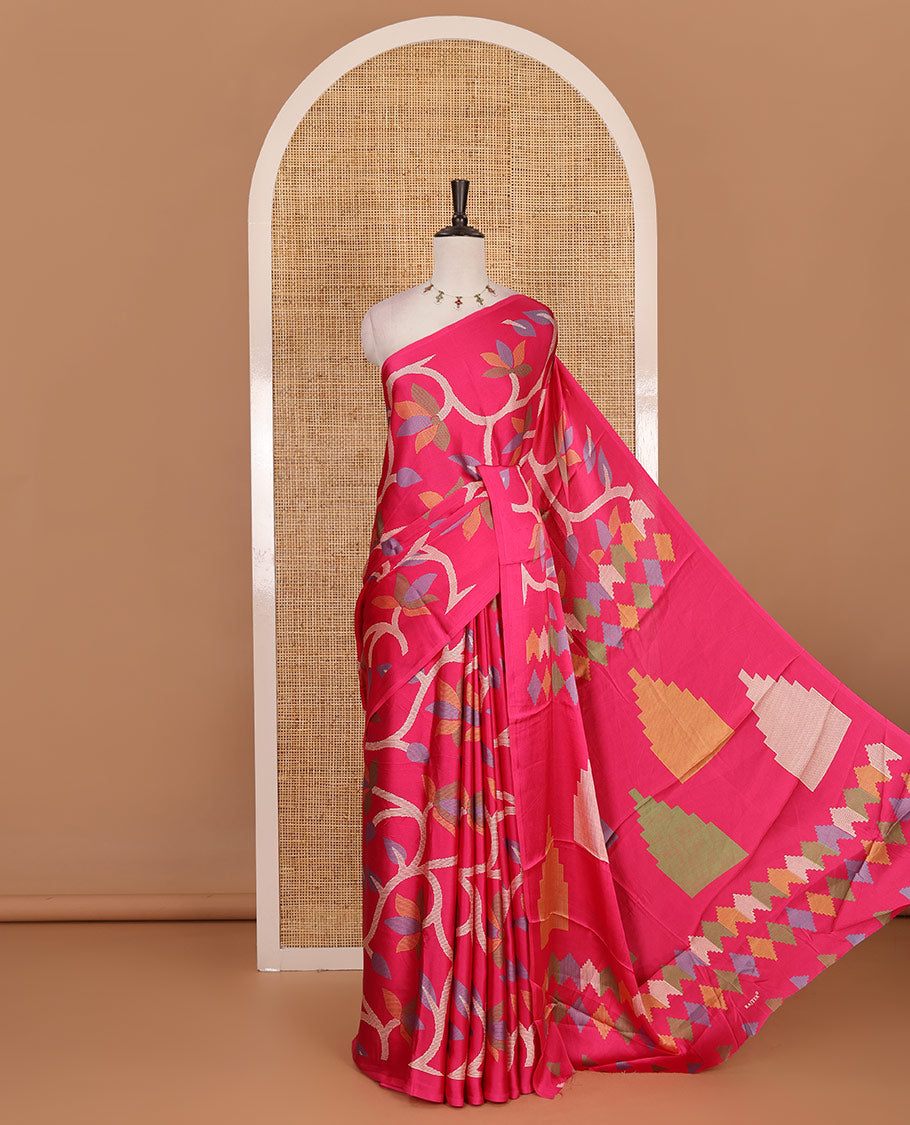 Borderless rani pink jamdani weaving design gajji silk saree and jamdani design self pallu along with printed blouse