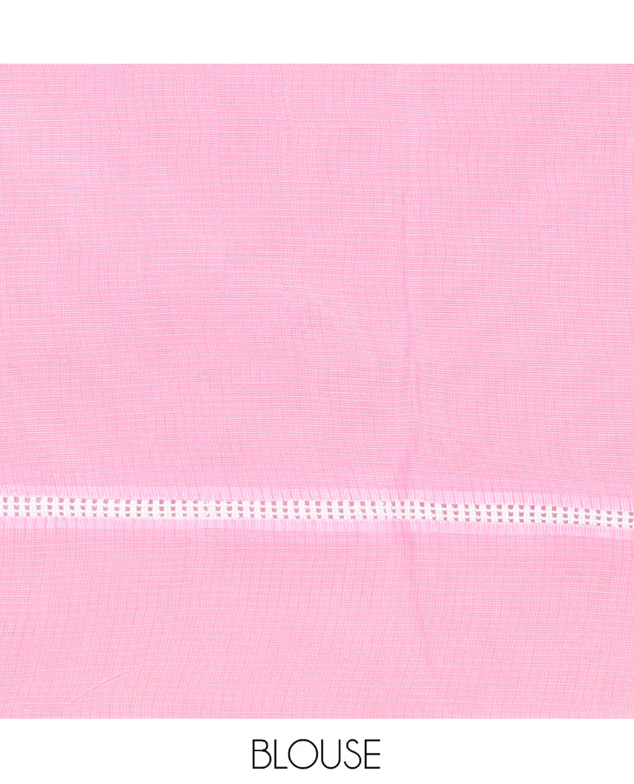 Pink Kota Doria Saree, Subtly Sparkled With Buttas, a Floral-Bird Thread Work Border, a Self-Pallu, a Matching Blouse