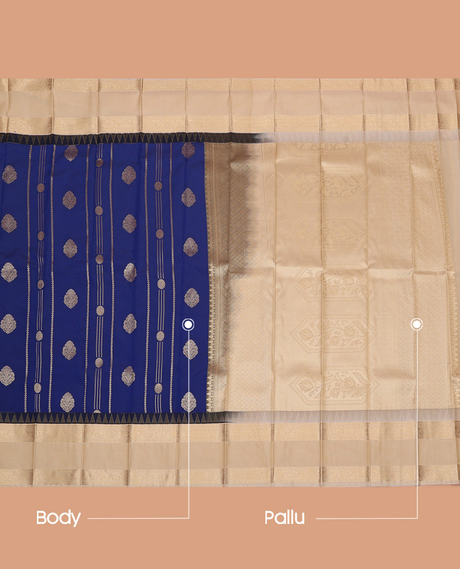 Blue Budget Silk Saree, Bedecked with Zari Buttas and Zari Stripes On Its Body, Complemented by Temple Rettai Pettu Traditional Zari Designs Woven Border, Grand Mughal-style Intricately Woven Pallu, and Paired with a Contrast Blouse
