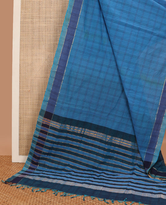 Blue checked mangalagiri cotton saree with contrast striped border & checked pallu