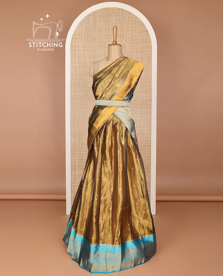 Brown buttas art silk half saree with contraast intricate zari border, zari design blouse & floral design dhavani