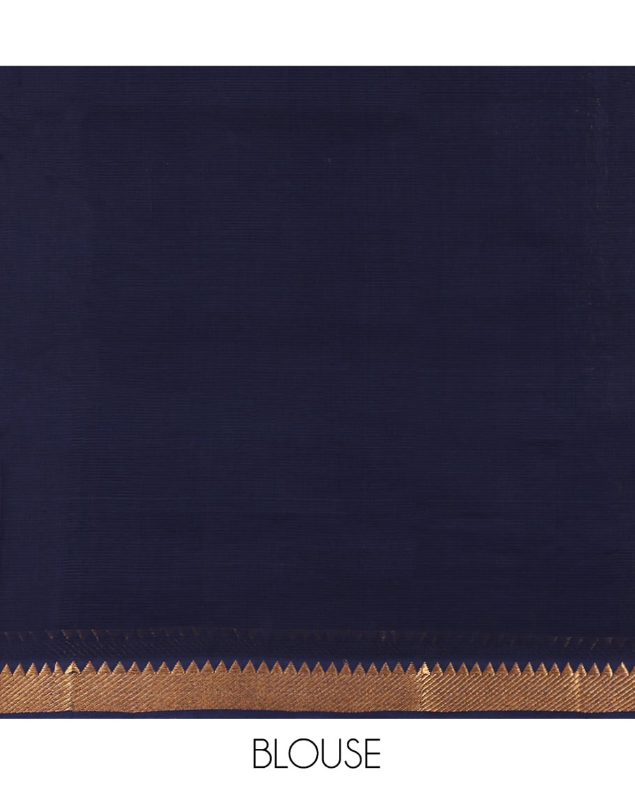 Navy Blue-Blue Mangalgiri Cotton Saree, Gleamed Up with Stripes on Its Body, Highlighted by Zari Temple Border, Zari-Striped Pallu, and Paired with a Matching Blouse