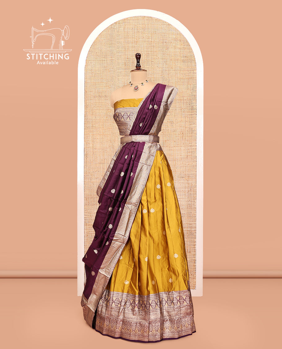 Mustard-Purple Banarasi Half-Saree, Graced with Zari Buttas, a Contrast Traditional Zari Border, a Matching Blouse, and a Contrast Embroidered Dhavani