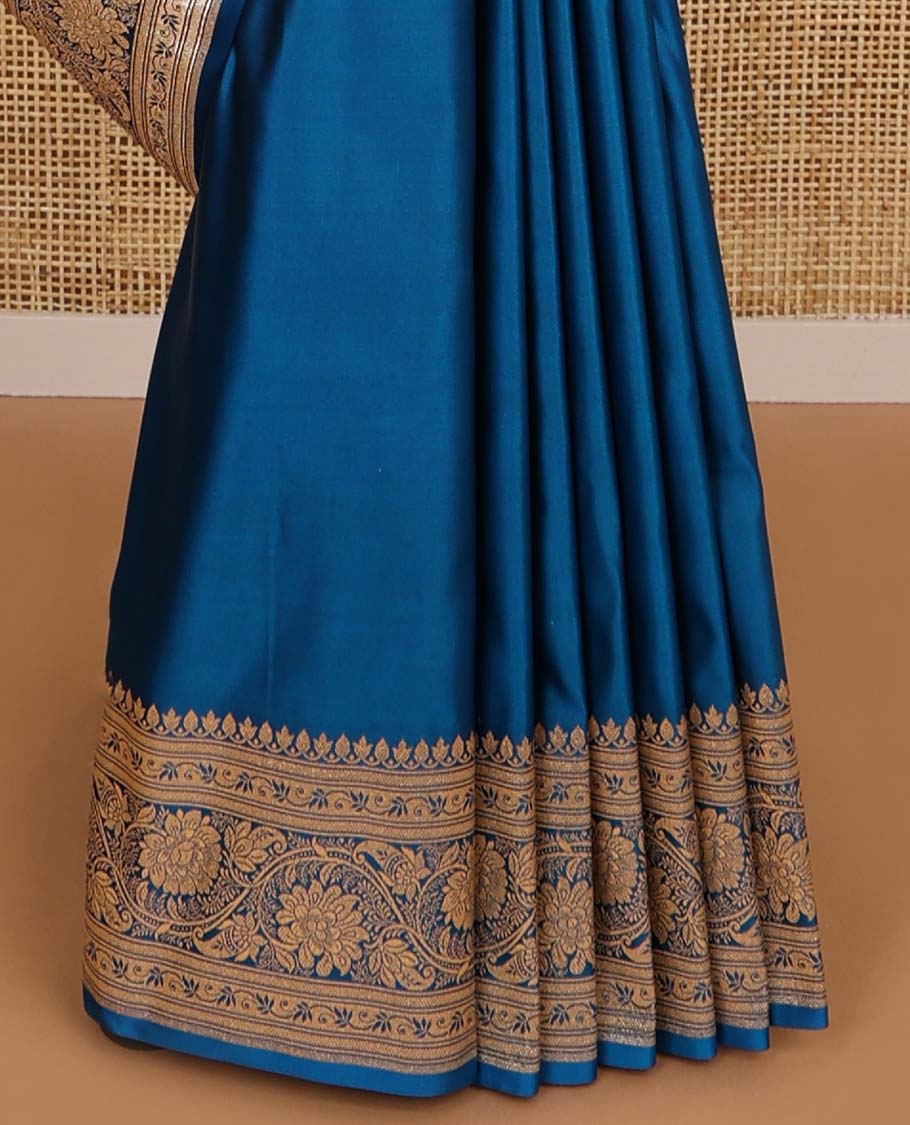 Blue semi banaras nylon saree with self floral design border & floral ogee design pallu