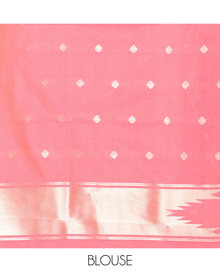 Onion Pink Elite Soft Silk Saree Gleamed Up with Vaira Oosi Stripes, Featuring a Temple Zari Border, Zari Elevated Pallu, and a Matching Zari Design Blouse