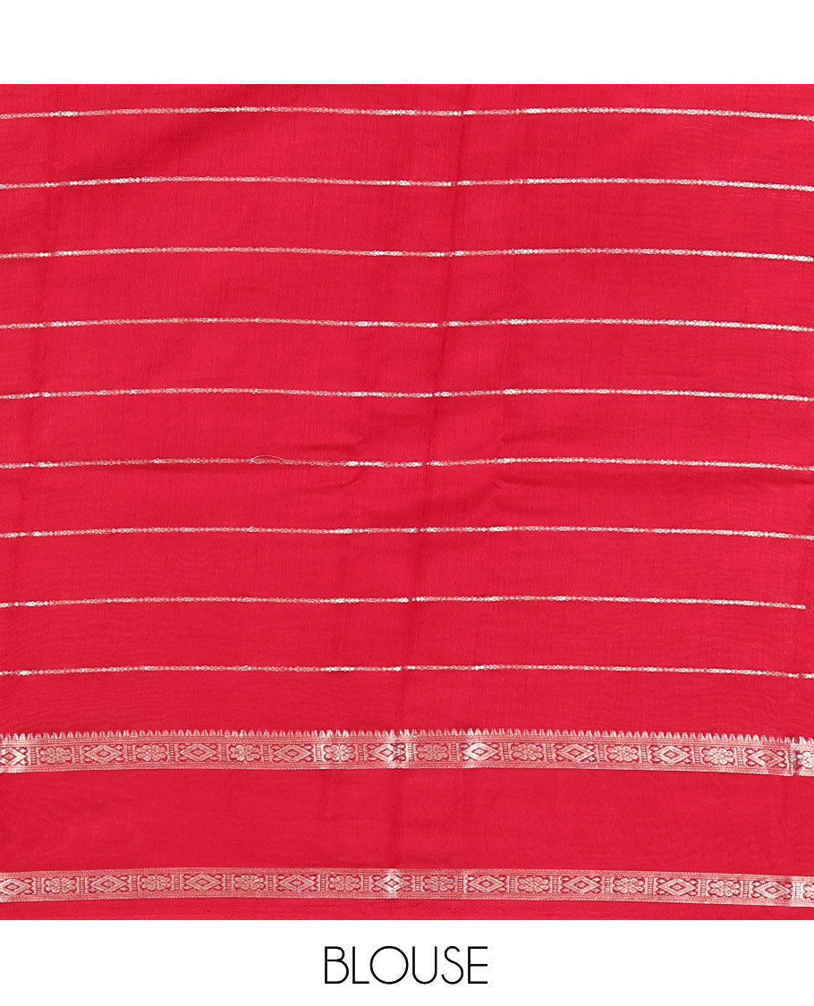 White Assam Silk Saree, Mesmerized with Zari Stripes, Complemented by a Contrast Zari Traditional Border, Zari-Striped Pallu, and a Contrast Blouse