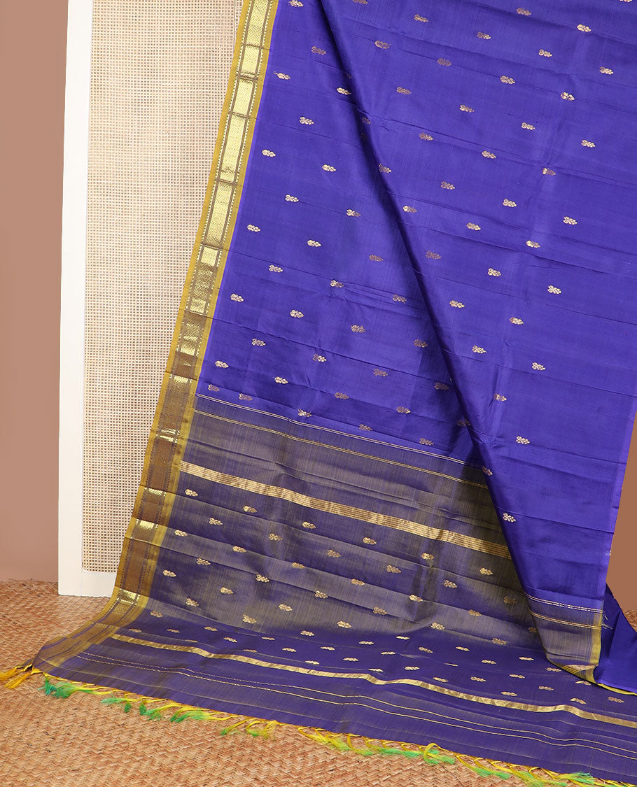 Ultramarine blue zari buttas Kanchipuram silk saree, contrast one-sided border of rekku & mayil kann & zari design pallu