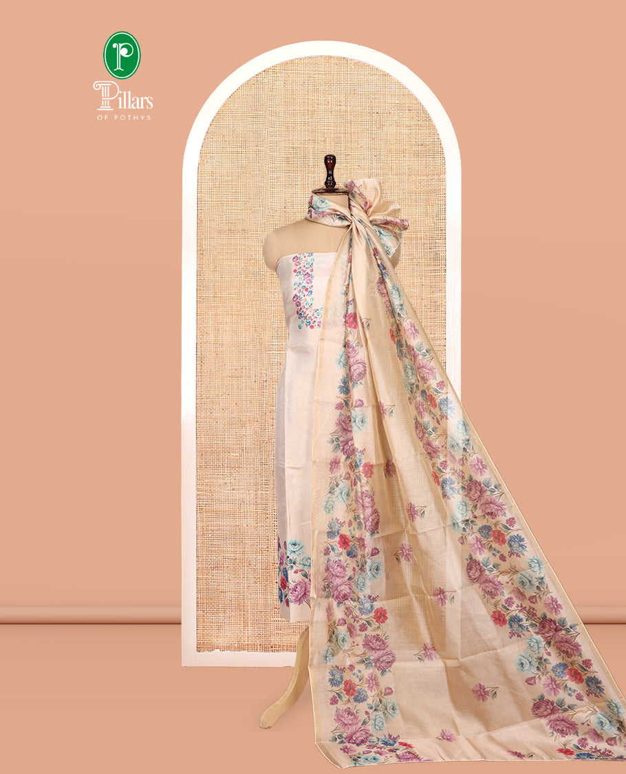 Gold-Chikku Tissue Material Churidar, Adorned with Rose Floral Printed Top, a Contrast Bottom, a Floral Printed Dupatta