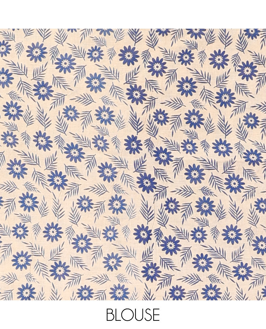 Blue Kalamkari Cotton Saree, Enriched with Warli Motifs Print, Self-Border of Musical Band, Pallu of Musical Instruments, and a Matching Blouse