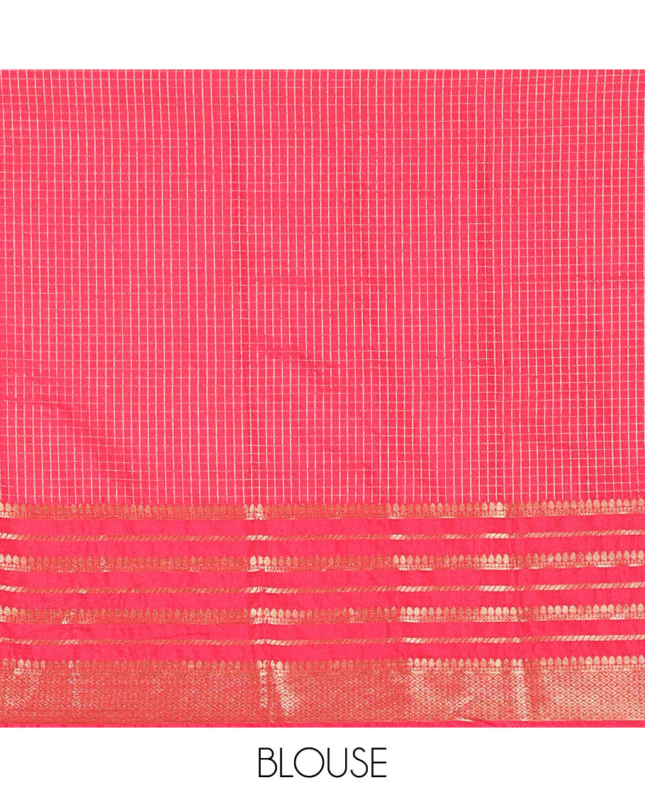 Orange Semi-Mysore Crepe Saree Elegantly Framed with Micro-Checks, Complemented by Contrast Traditional Zari Design Border, Majestically Detailed Pallu of Thilakam Designs, and Paired with a Contrast Blouse