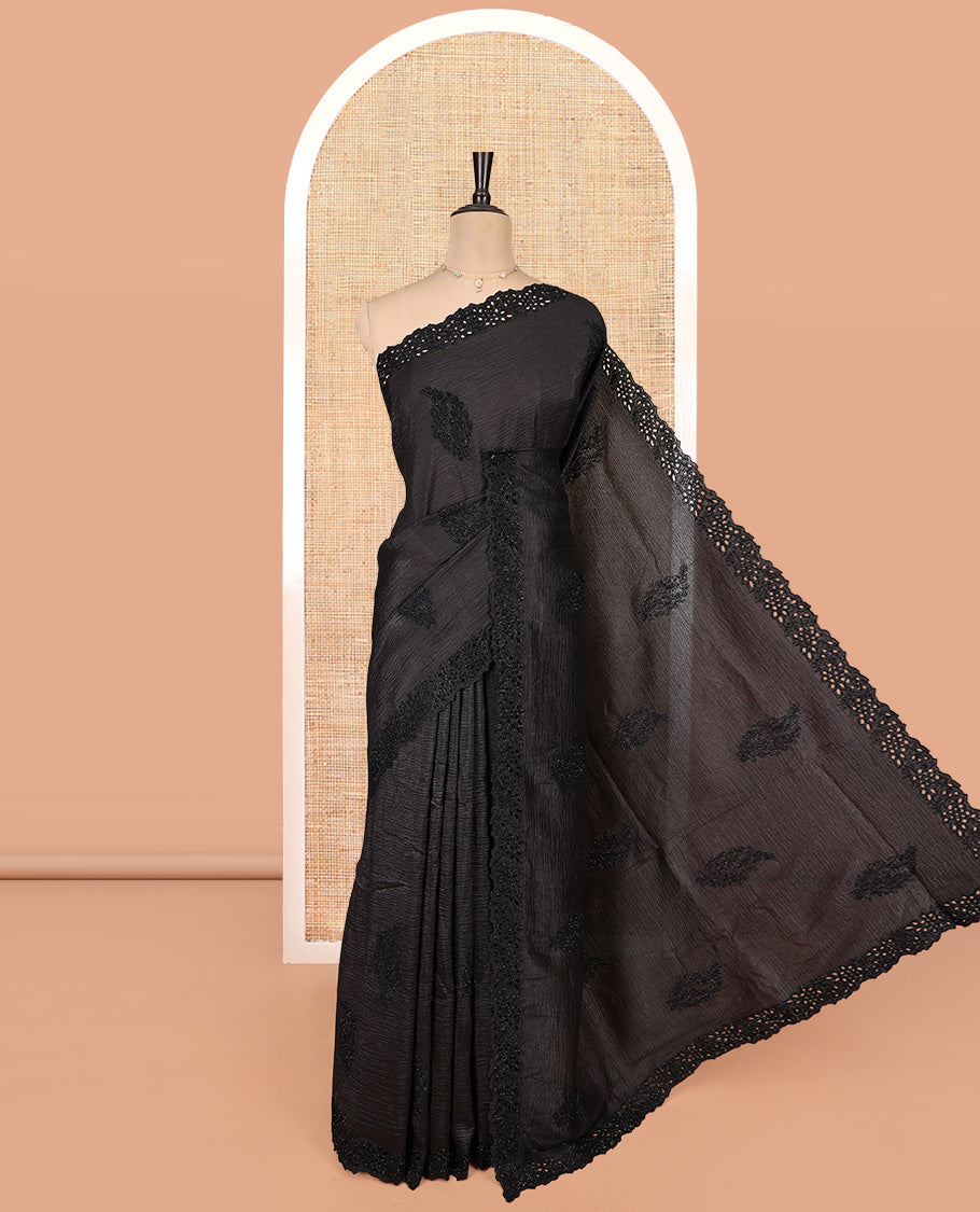 Black Designer Saree, Adorned with Micro-Stone Buttas, a Scallop Embroidered Border, and Matching Blouse