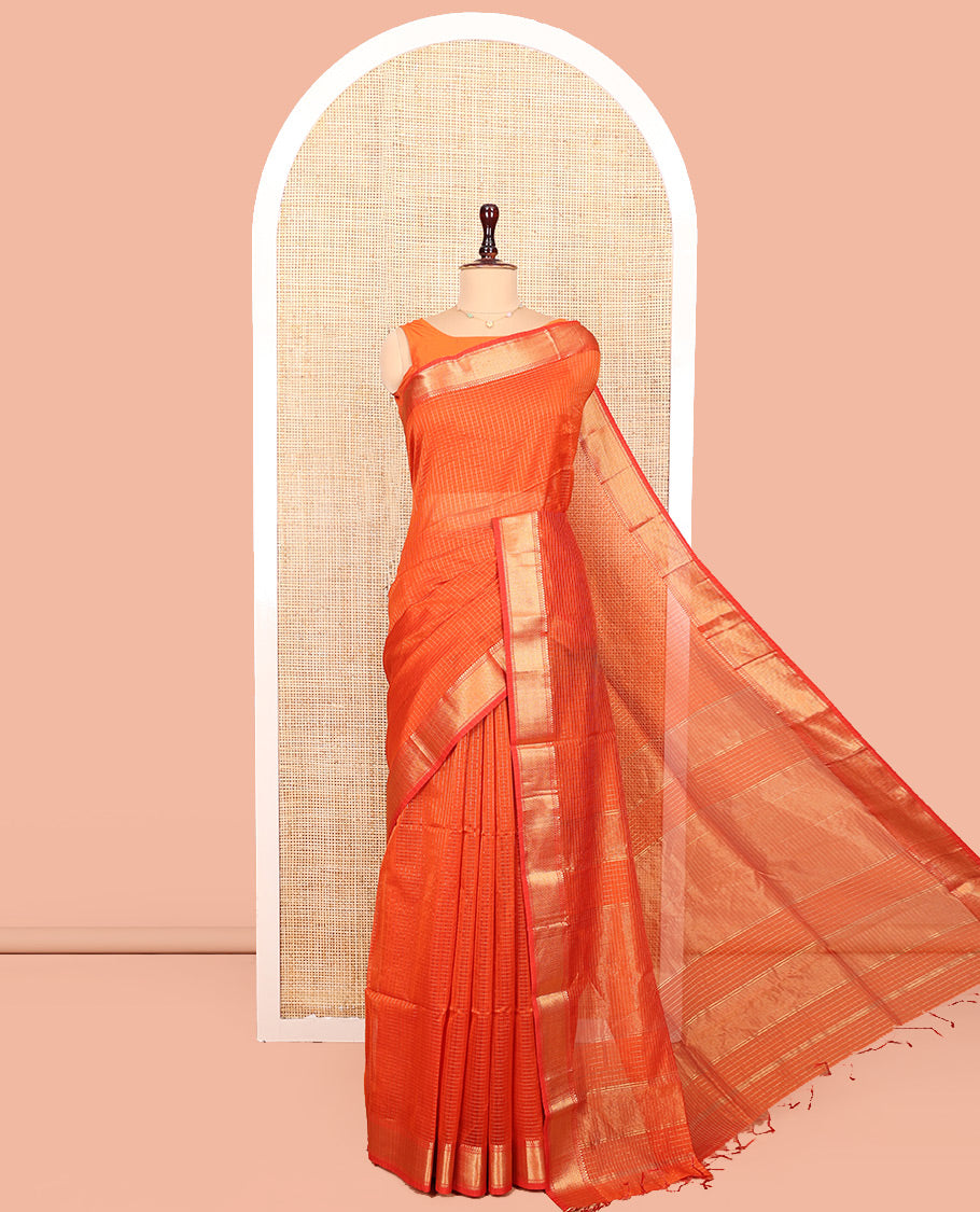 Orange Maheshwari Cotton Saree, Gleamed up with Zari Checked Design On Its Body, Suble Traditional Zari Designs Woven Border, Self-pallu and Paired with a Matching Blouse