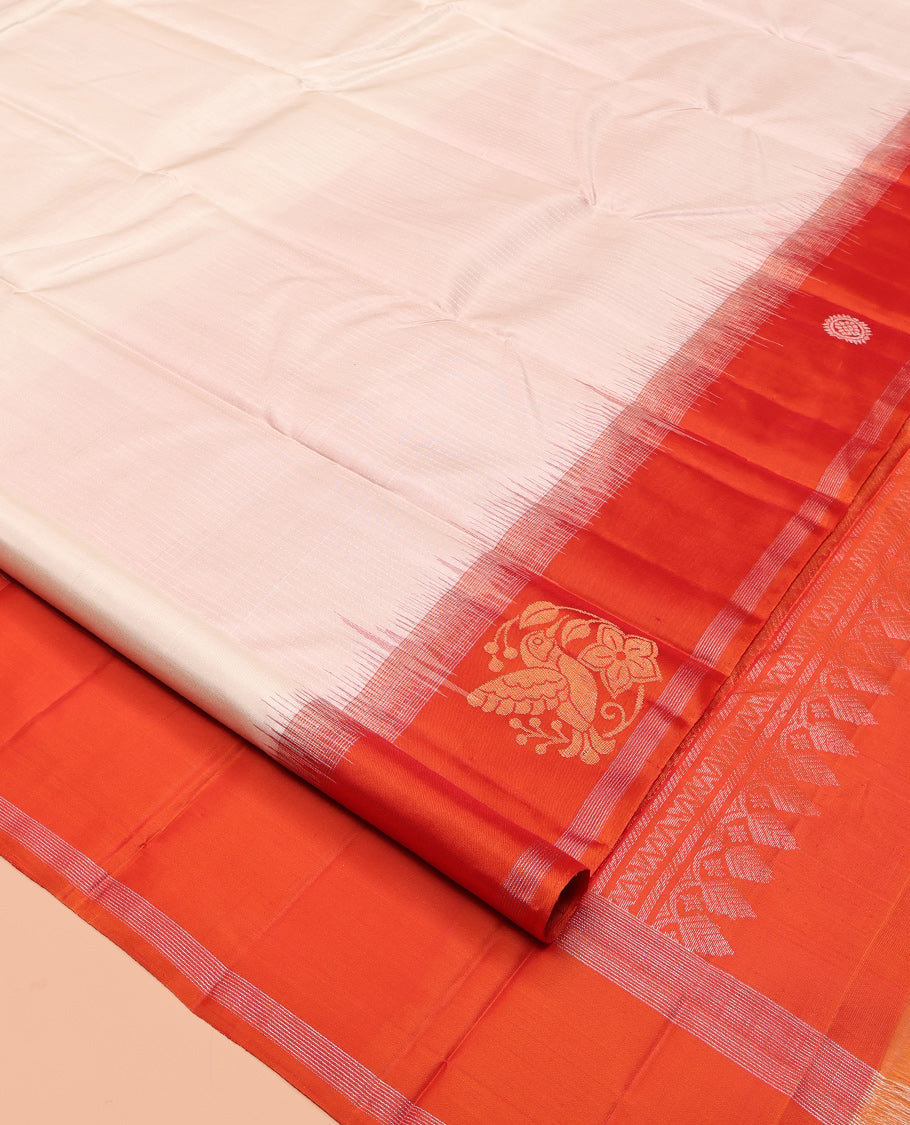 Off-White Striped Kanchipuram Silk Saree, Complemented by a Contrast Hummingbird and Chakram Border, Grand Pallu, and a Contrast Blouse